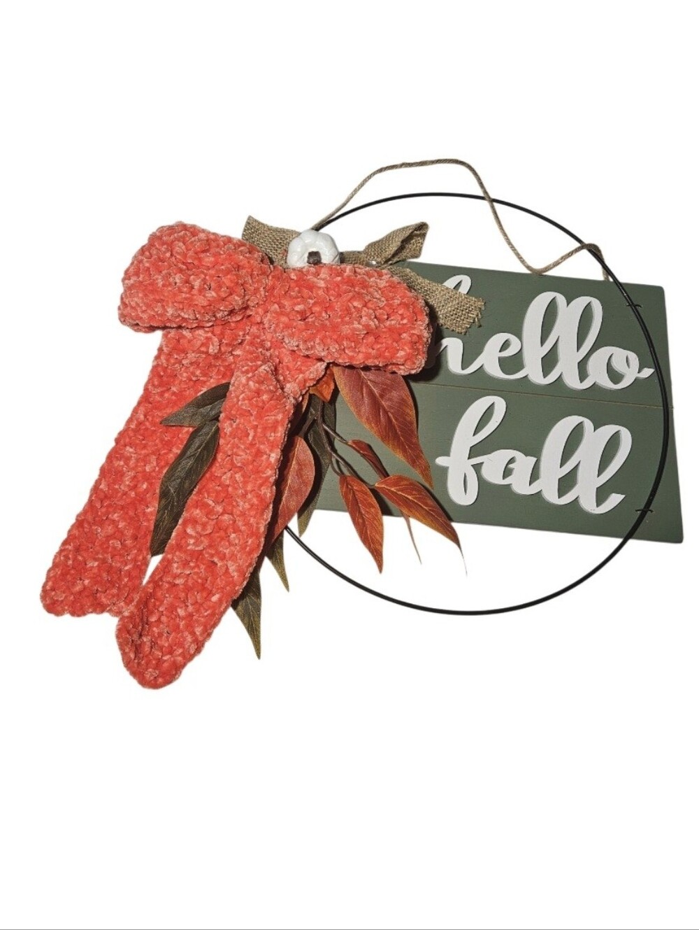 Upcycled Hello Fall Door Hanger Handmade Crochet Velvet Bow Rustic Autumn Decor
